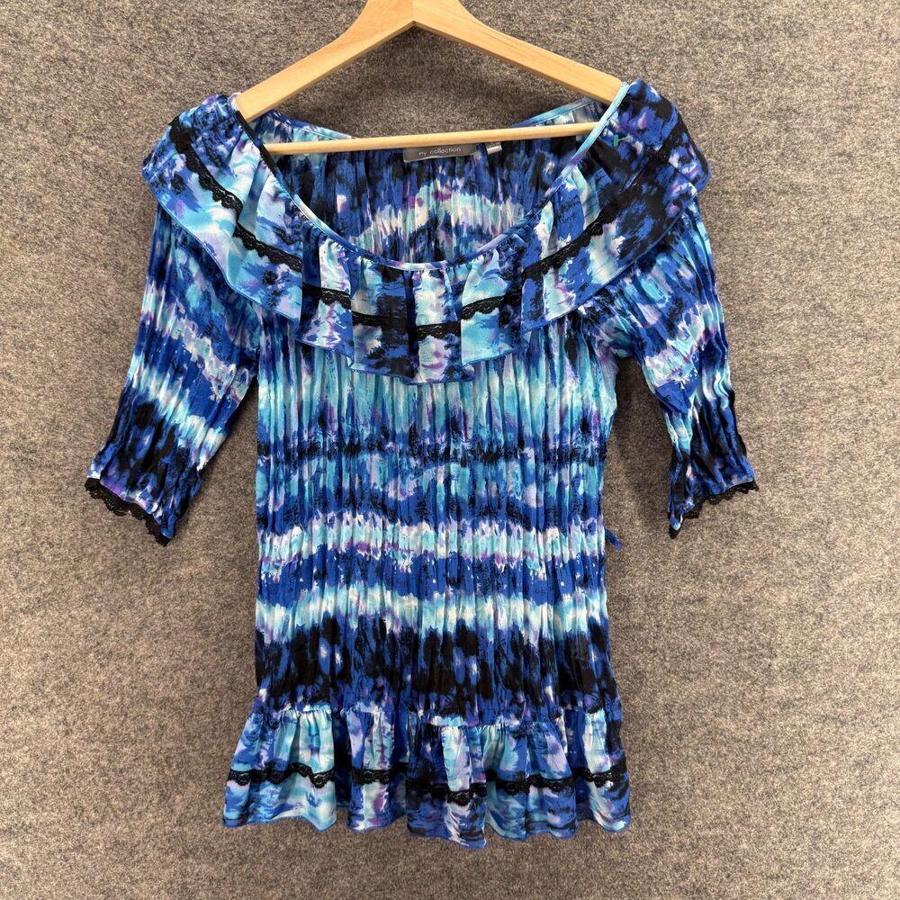 NY Collection Blouse Women S Small Blue Striped 3/4 Sleeve Pullover Casual